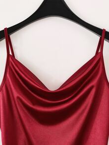 Franclia Women's Elegant Glossy Satin Knit Elastic Fabric Commuter Inner Wear Party Gathering Spaghetti Strap A-Line Dress - Burgundy - View 7