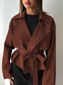 Aloruh Women's Elegant Street Style Button Lapel Trench Coat - Rust Brown - View 1