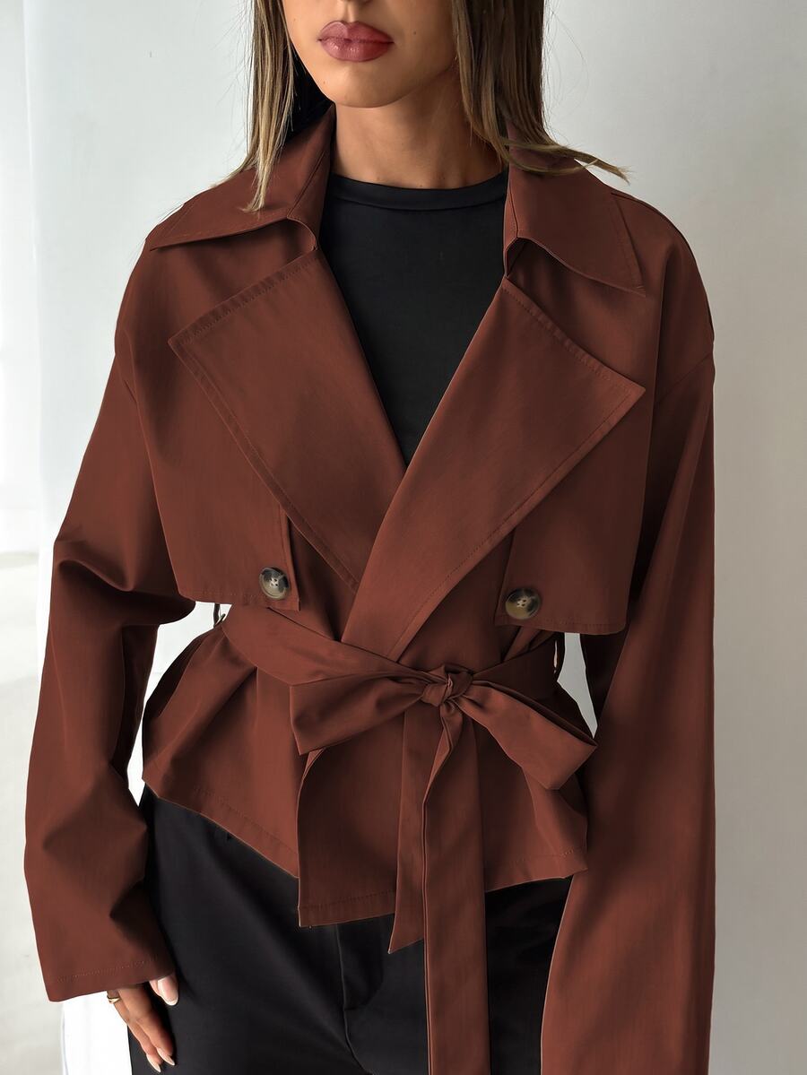 Aloruh Women's Elegant Street Style Button Lapel Trench Coat - Rust Brown - View 1