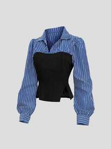 GlowEve CURVE Women's Autumn Design Elegant Slim Fit Solid Color Patchwork Striped Hem Split Long Sleeve Blouse, Suitable For Daily Wear, Shopping, Dating And Commuting, Also An Ideal Choice For Back To School Season, Versatile Style. - Multicolor - View 1