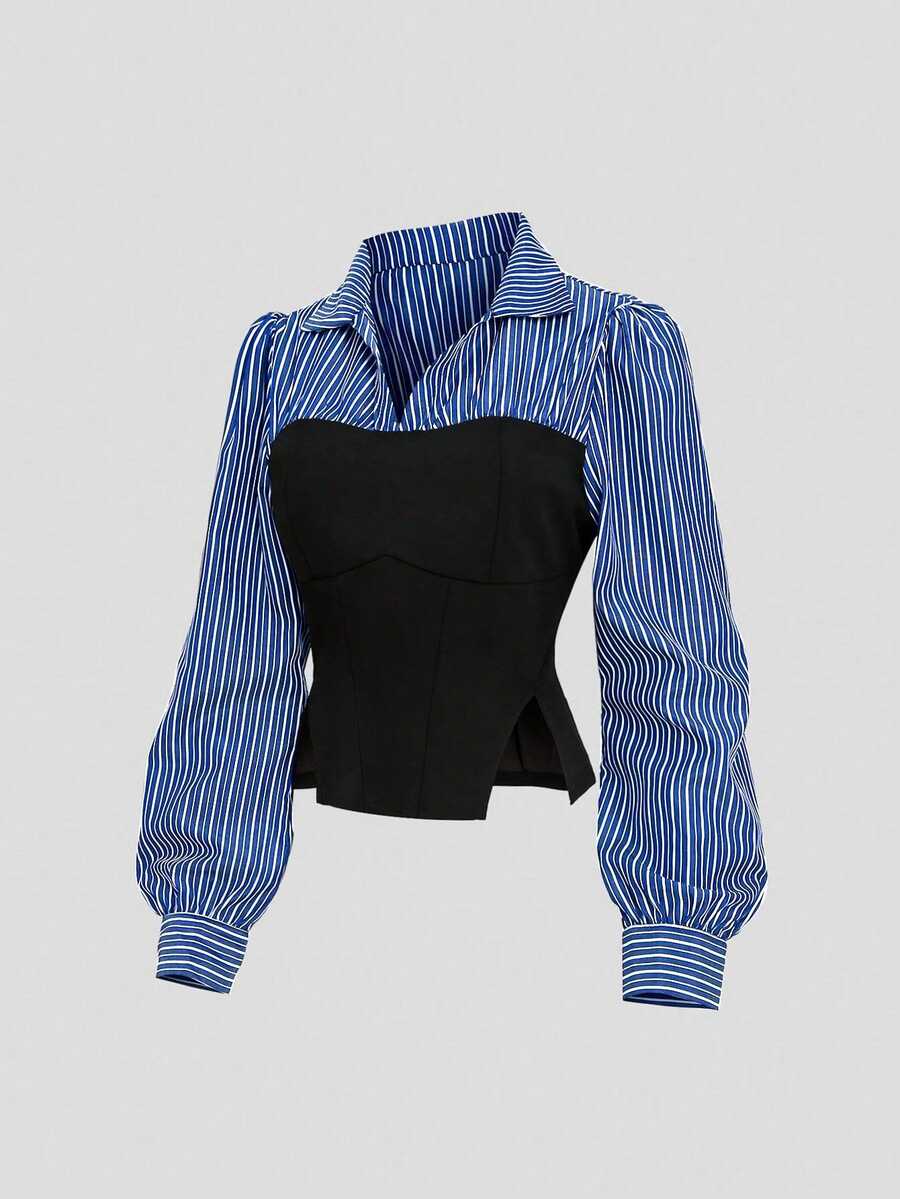 GlowEve CURVE Women's Autumn Design Elegant Slim Fit Solid Color Patchwork Striped Hem Split Long Sleeve Blouse, Suitable For Daily Wear, Shopping, Dating And Commuting, Also An Ideal Choice For Back To School Season, Versatile Style. - Multicolor - View 1