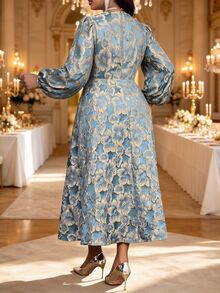 Fleurora Plus Size Women's Jacquard 3D Floral Decor Lantern Sleeve Elegant Dress - Blue - View 2