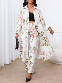 SHEIN Lady Women's All-Over Floral Print Casual Long Shirt & Pants 2 Pieces Set - Multicolor - View 1