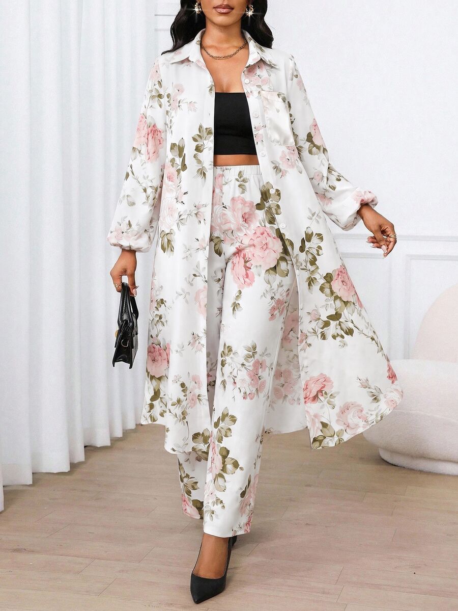 SHEIN Lady Women's All-Over Floral Print Casual Long Shirt & Pants 2 Pieces Set - Multicolor - View 1