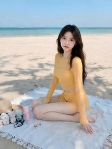 Livesso Set Bikini Halter Warna Polos Wanita dengan Penutup Lengan Panjang dan Rok, Perlindungan Matahari Musim Panas - Kuning - View 4