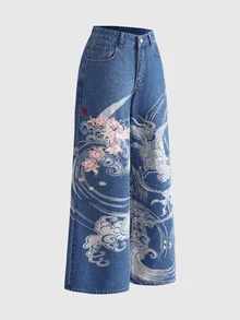 ROMWE Grunge Punk 女款新中式風格鶴與花卉印花超寬鬆牛仔褲 - 淺色水洗藍 - 查看 5