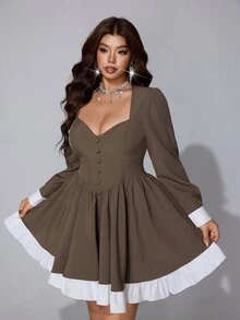Viva Relle Plus Size Women Sweetheart Neck Long Sleeve Button Design Elegant Colorblock Dress - Mocha Brown - View 1