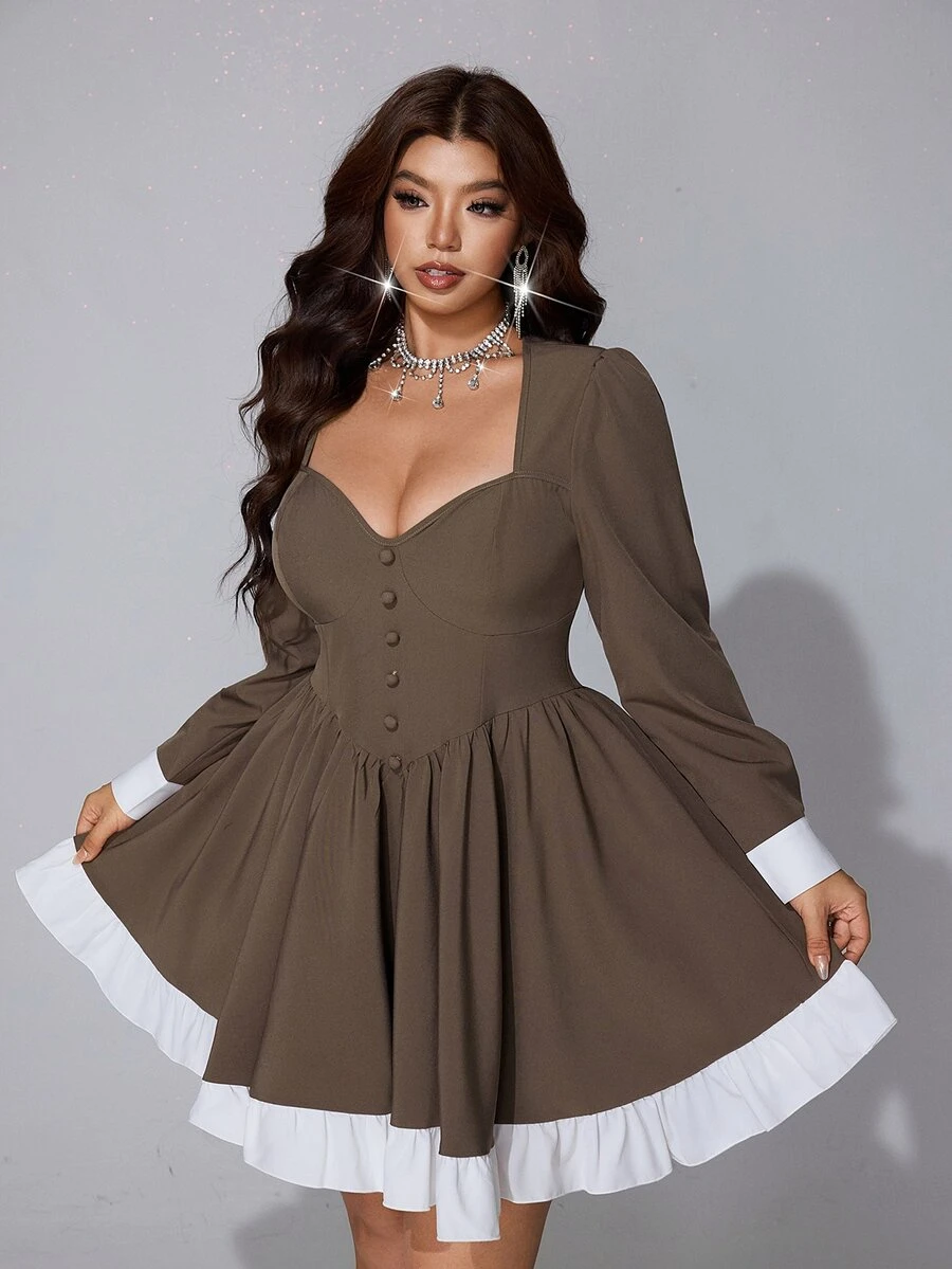 Viva Relle Plus Size Women Sweetheart Neck Long Sleeve Button Design Elegant Colorblock Dress - Mocha Brown - View 1