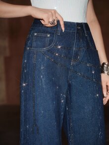 Anewsta Women's Loose Wide Leg Casual Denim Jeans With Pocket And Rhinestone - Dark Wash - View 3