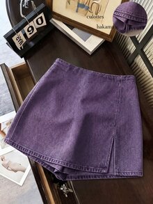 SHEIN Franclia 時尚休閒通勤百搭丹寧感印花紋理軟面料高腰開衩女款短褲/裙/寬腿褲/熱褲 - 紫色 - 查看 3