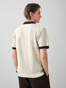 RONVEXI Men's Plus Size Colorblock Collar Short Sleeve Casual Knit Top - Beige - View 2