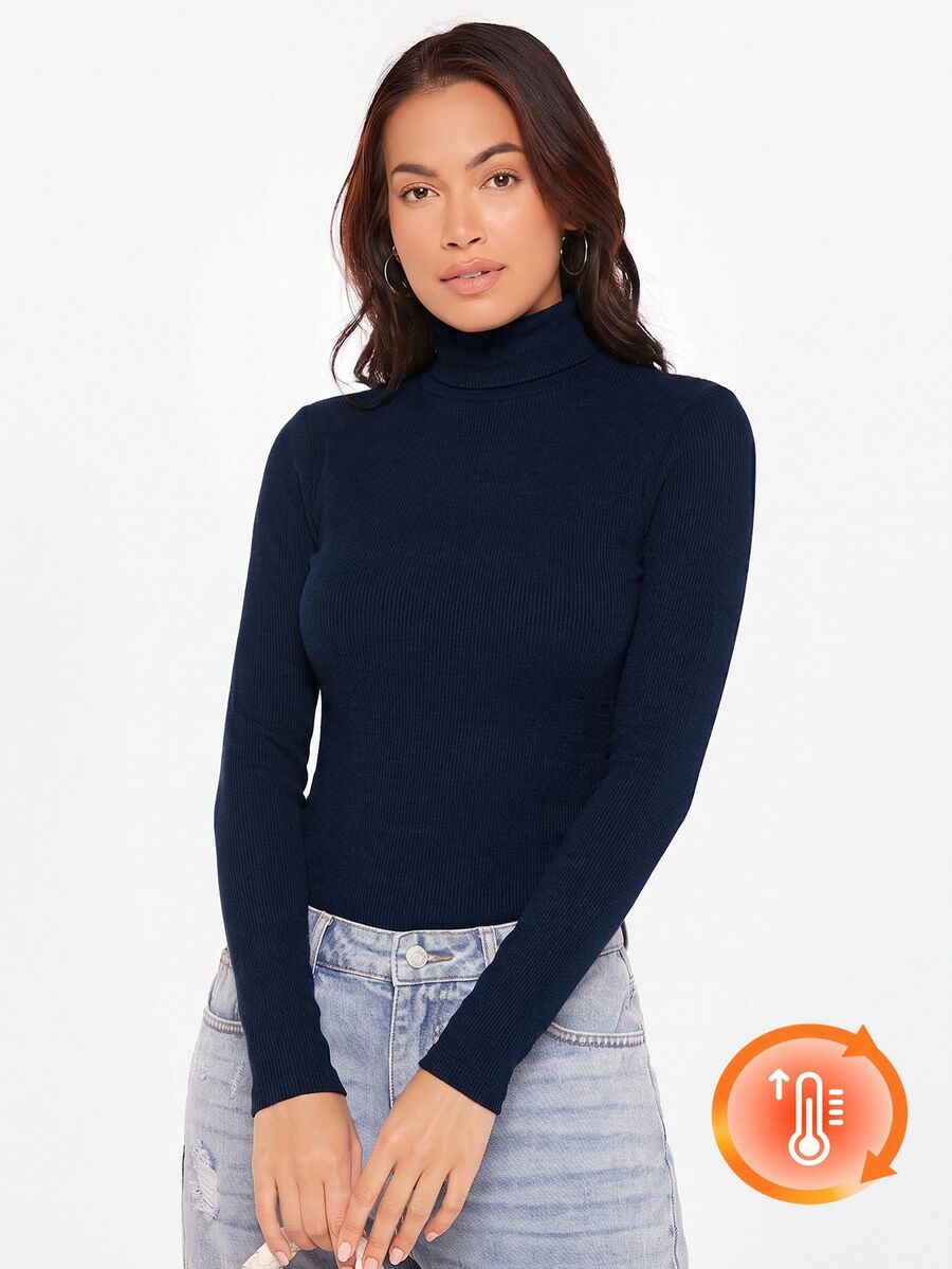 SHEIN BASICS 女款純色高領長袖修身休閒百搭T恤 - 藏蓝色 - 查看 1