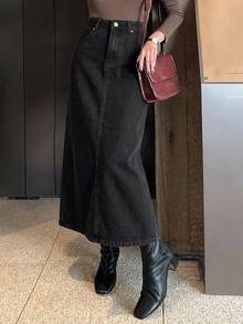 DAZY 女款休閒牛仔裙，附口袋與鈕扣，適合日常穿著 - 灰色 - 查看 4