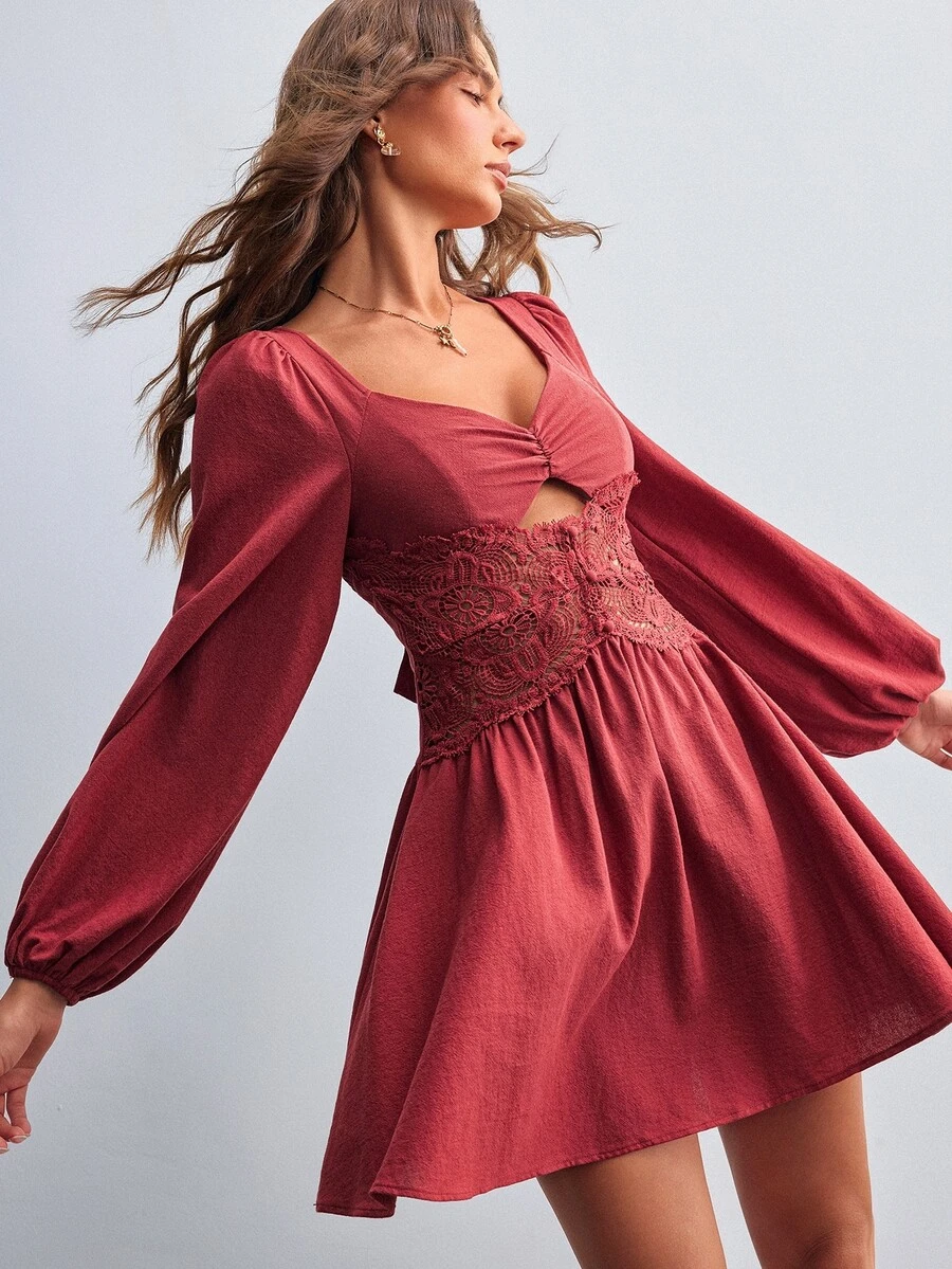 Willow Rêve Women's Red Lace Patchwork V-Neck Puff Long Sleeve Mini Dress - Red - View 1