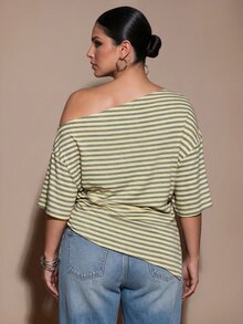 SHEIN BAE CURVE Áo thun nữ size lớn màu vàng kẻ sọc, tay lỡ, vai bất đối xứng - Màu vàng - Xem 6