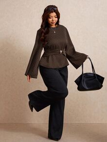 Elaquor Plus Size Fashion Commuter Striped Waist-Cinching Blouse Fall - Brown - View 4