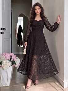 Modelyn Autumn/Winter Lace Waist-Cinching Slimming Elegant Fashionable Long Dress - Coffee - View 6