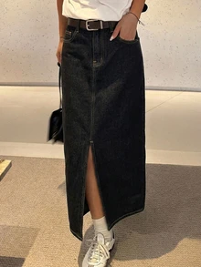 DAZY Distressed Washed Faded Long Slit Pocket Denim Skirt For Women - Blue - View 7