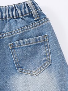 SHEIN 少女 Y2K 街頭日常彈力腰直筒牛仔褲 平口袋 日常 OOTD - 中等水洗藍 - 查看 6