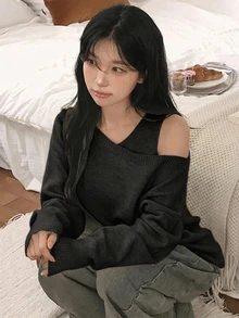 DAZY 女款純色圓領無袖背心與露肩休閒寬鬆針織毛衣 2 件套 - 黑色 - 查看 2