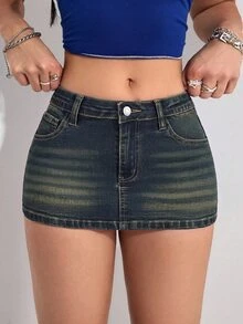 SHEIN PETITE 女款時尚性感牛仔裙 - 深色水洗藍 - 查看 1