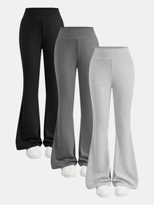 SHEIN Tween女孩秋冬針織黑色深灰色淺灰色高腰寬腰帶貼身顯瘦喇叭褲 百搭簡約舒適 - 彩色 - 查看 5
