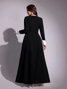 Viva Relle Plus Size Women Deep V-Neck Long Sleeve Side Slit Hem Sexy Black & White Contrast Elegant Dress Fall - Black - View 6