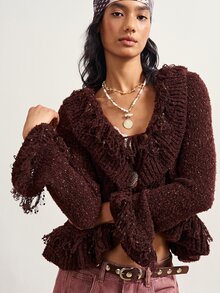 Bohemela Women's Patchwork Ruffle Front Tie Fashion Knit Cardigan - Coffee Brown - View 3