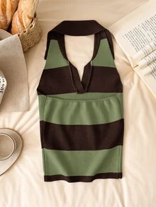 Story & Sage Women's Striped Colorblock Halter Knit Top - Multicolor - View 2