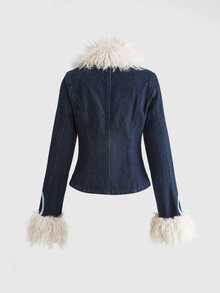 ROMWE Avant Women's Webbing Button Faux Fur Patchwork Denim Jacket - Blue - View 2