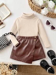 SHEIN Baby Girl Solid Color High Neck Long Sleeve T-Shirt And PU Leather Asymmetric Hem Skort Fashion Set - Brown - View 9