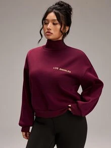 EMERY ROSE Plus Size Women's Letter Print Stand Collar Casual Daily Long Sleeve Sweatshirt - Red - View 3