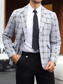 Manfinity Mode 男士復古格紋休閒西裝外套，休閒單排扣夾克，通勤西裝外套，送給男友或丈夫的高級穿搭禮物 - 淺灰色 - 查看 3