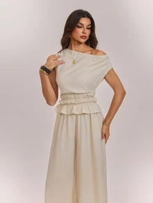SHEIN Tall Women's Asymmetrical Shoulder Ruched Waist Solid Color Top And Pants 2 Pieces Set - Apricot - View 6