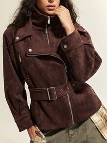 SoleilVie New Vintage Diagonal Zipper Lapel Suede Motorcycle Jacket, Waist-Cinching Design, Fashionable Mature Woman Style - Brown - View 6