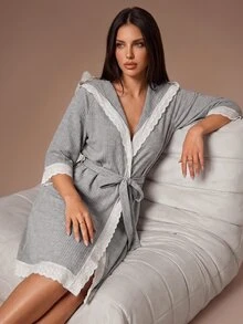 Lazeform Women's Gray Casual Loose Hooded Waffle Knit Lace Trim Short Robe - رمادي - مشاهدة 3