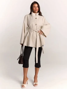 SHEIN BAE Women's Minimalist Button High Neck Long Sleeve Jacket Streetwear - Apricot - View 6