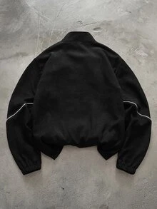 PAVTROS Men's Letter Print Zip-Up Half-Placket Casual Corduroy Jacket - Black - View 2