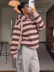 Muchica 女款休閒寬鬆連帽衛衣，條紋衛衣，秋季服飾，適合日常通勤、聚會、夏季、聖誕節、新年、感恩節、派對、婚禮、海灘、出遊、約會、情人節，優雅，度假，Y2K - 彩色 - 查看 5