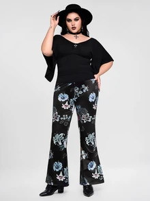 ROMWE Gothic Style Black Background Bright Floral Pattern Flared Leg Plus Size Women's Pants - Black - View 6