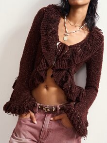 Bohemela Women's Patchwork Ruffle Front Tie Fashion Knit Cardigan - Coffee Brown - View 5