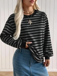 SHEIN EZwear Áo nỉ dài tay kẻ sọc phong cách thường ngày cho nữ - màu đen - Xem 5
