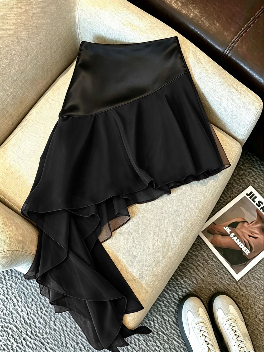 SHEIN EZwear Maillard 高端性感優雅風 不對稱拼接緞面緞帶裙 黑色 秋冬約會派對新年款 - 黑色 - 查看 1