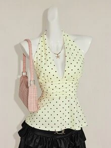 SHEIN ICON 掛脖深V領收腰A字露背波點背心上衣 - 淡黃色 - 查看 4