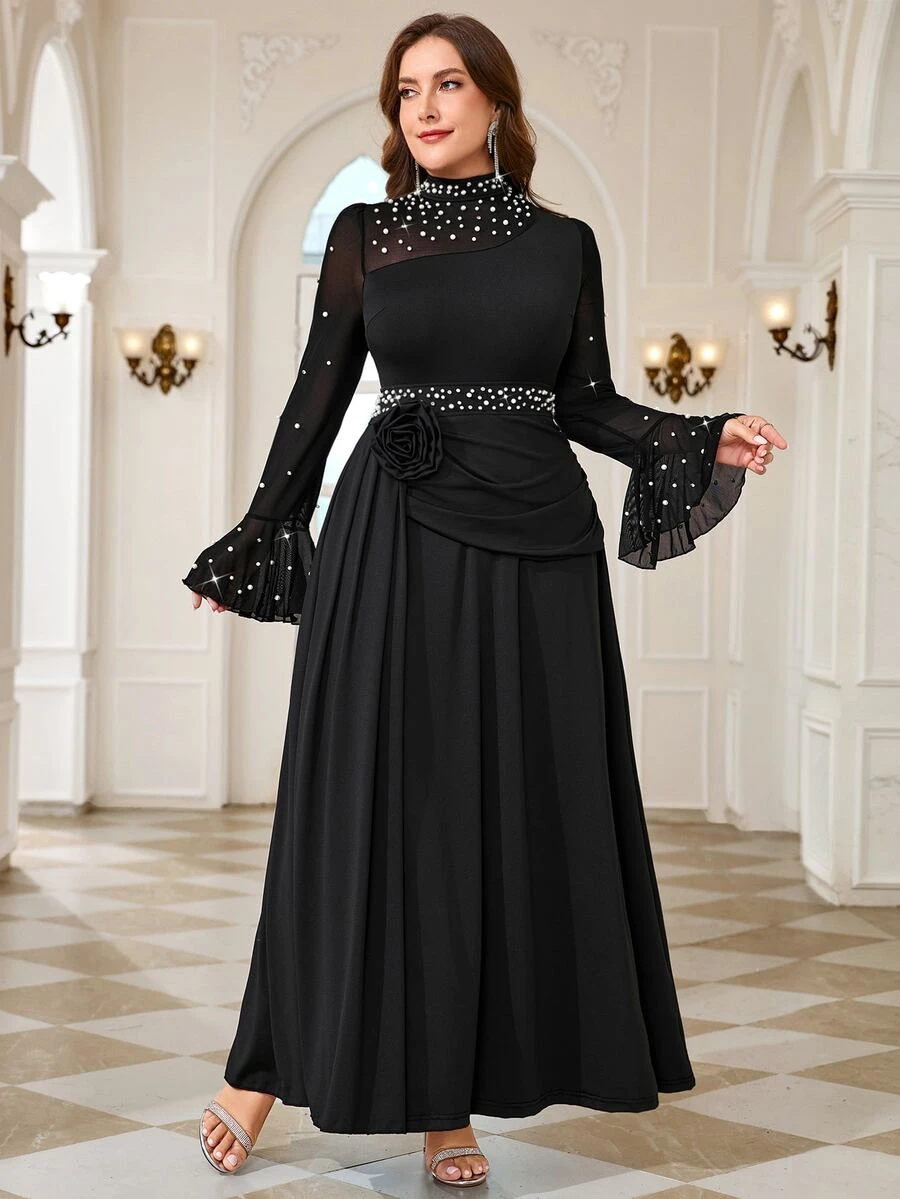 Reflora Plus Size Women's Faux Pearl 3D Floral Decor Casual Party Dress - Black - View 1