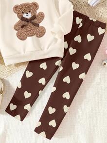 Baby Girls Bear Cartoon Sweatshirt & Lace Trim Leggings Set, Heart Print, Cream & Brown (2 Pcs) Fall Winter - Multicolor - View 5
