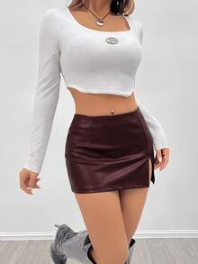 SHEIN PETITE PU高彈性皮革低腰迷你裙 - 棕色 - 查看 7