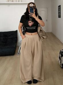 Coolane 女款大尺碼春夏街頭風休閒復古燈芯絨紋理長版寬鬆長褲 - 杏色 - 查看 3