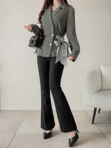 FRIFUL Women's Solid Color Double-Breasted Side Waist Tie Casual Blazer - Grey - View 4