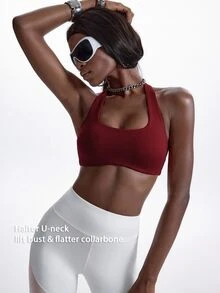 Innovista Innovista Women's Halter Sports Bra, Fall, Winter, Autumn, Gym, Workout, Running, Yoga, Fitness, Athletic, Training, Activewear, Sportswear, Crop Top, Exercise - Burgundy - View 5